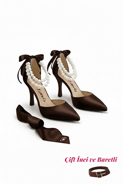 Famels Pantofi cu toc de 7 cm, culoare maro, satin, pantofi de seara cu perle...