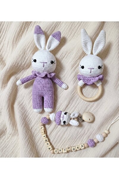 Taze Kal Yenidoğan Organik Amigurumi Tavşan - Kişiye Özel İsimli Emzik Zincir...