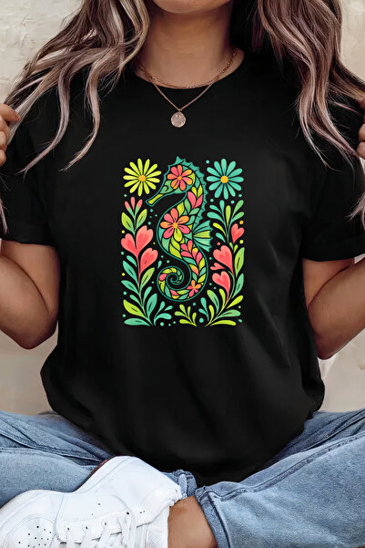 Sarah's Boutique Women's T-shirt – 100% cotton – Floral Seahorse