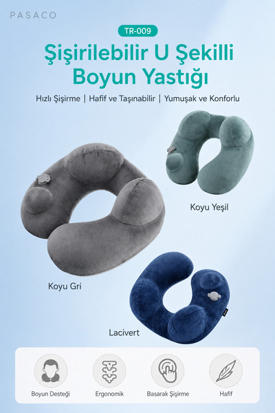 PASACO Şişirilebilir Ortopedik U Şekilli Boyun Yastığı Seyahat Yastığı Taşına...
