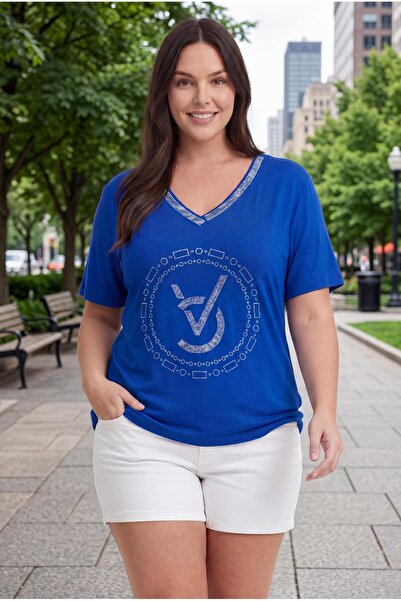 Ebsumu Women's Plus Size Letter Stone Printed Casual Blue Blouse