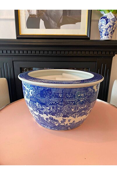 Dekordan House Bleu Blanc Porselen Saksı (40x24cm)
