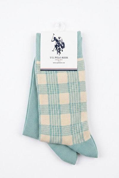 U.S. Polo Assn. Комплект от 2 чифта памучни чорапи в ментово-екру каре, удобн...
