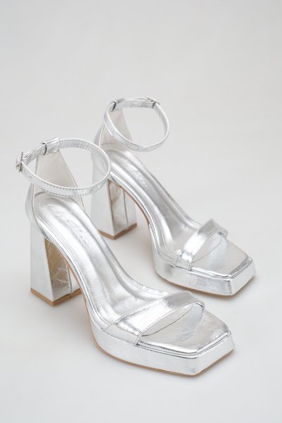 CalzatureM Silver Metallic Thick Block Heeled Platform Evening Dress Sandals Shoes