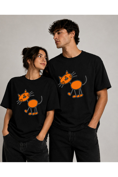 VODEXA Unisex Oversize T-Shirt Orange Cat Printed 100% Cotton T-Shirt Comfort...