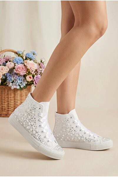 HYS SHOES Bilekli Modern Gelin Ayakkabıları İnci ve Kristal İşlemeli Beyaz Dü...