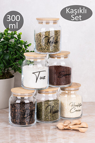 Dolkin Home 6-Piece Glass Spice Jar Set with Bamboo Lids, Vacuum Lids, Spoons...