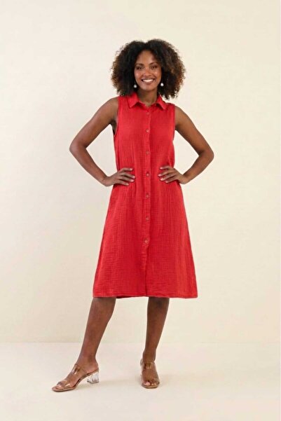 madam trend Coral Red Women's 100% Cotton Muslin Fabric Pocketed Buttoned Sle...