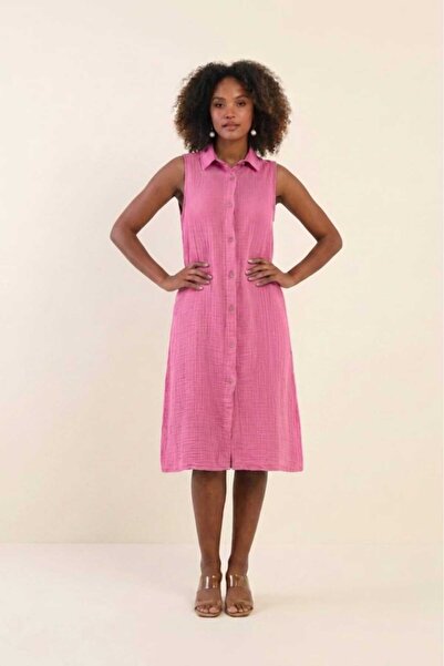 PORİENTO Pink Women's 100% Cotton Muslin Fabric Pocketed Buttoned Sleeveless ...