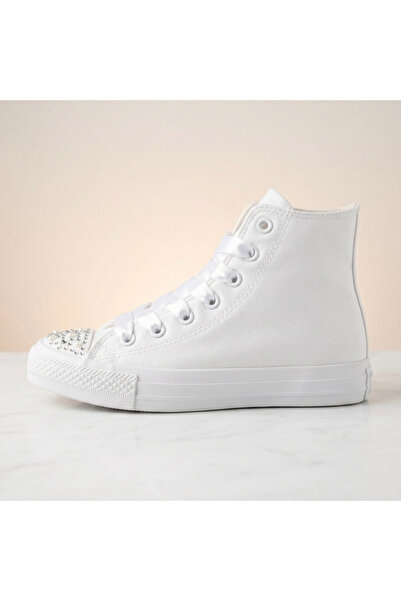 HYS SHOES Kadın Gelin Ayakkabısı Taşlı Kanvas Sneaker Nikah Düğün Özel Gün Ay...