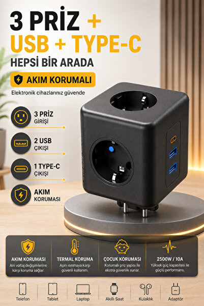Montbell Akım Korumalı Priz Çoklayıcı 3'lü Priz 2 USB 1 Type-C Şarjlı Çoklu P...