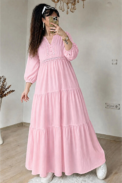 AZRA BUTİK Ruffled Skirt Lace Ribbon Detailed Dress Pink