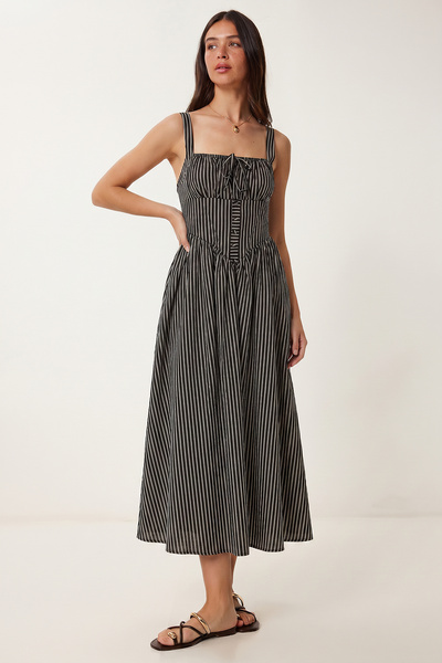 Lovelyİstanbul Çizgili Korse Görünümlü Poplin Midi Elbise LUB0374 SİYAH