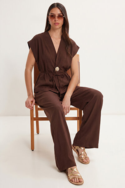 Lovelyİstanbul Gold Buttoned Modal Top and Bottom Set Lub0372 Brown