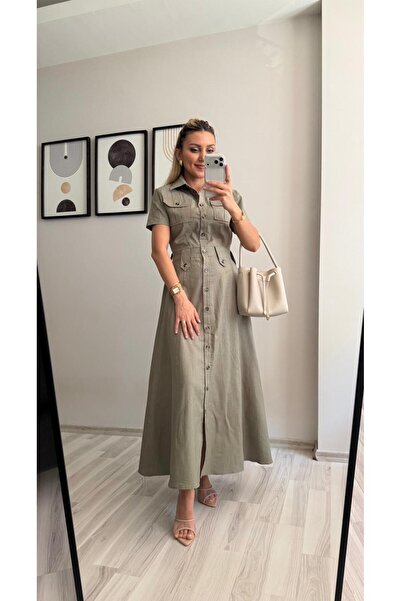 İNVİSUS Buttoned Short Sleeve Long Linen Dress