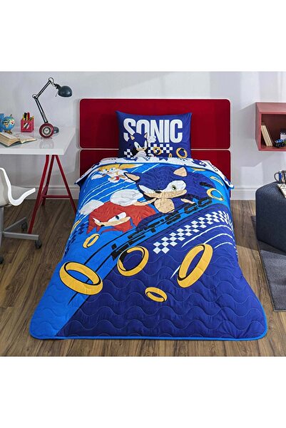 Taç Lisanslı Sonic Mavi Pamuklu Çocuk Yatak Örtüsü Seti (160x230)