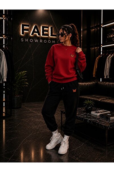 FAEL LİFE Unisex Wide Cut Zero Neck and Sweatpants Orange Butterfly Printed Set