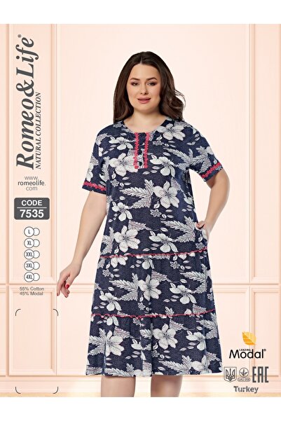 ROMEO LİFE Women's Plus Size Cotton Modal Fabric Patterned Buttoned Dress 7535