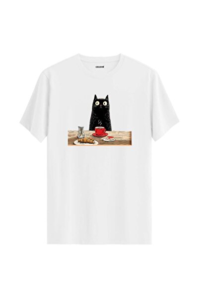 Colermi Breakfasting Black Cat Design T-Shirt