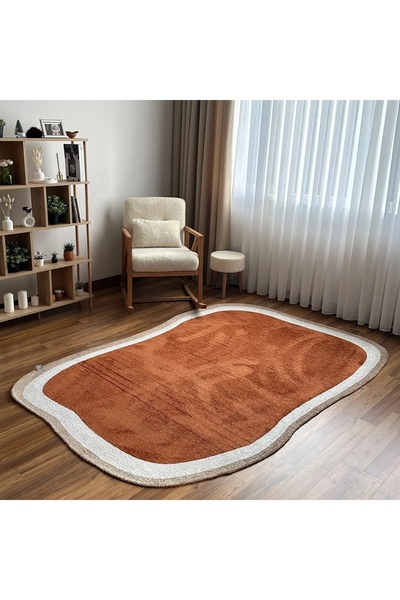 TÜRKERİ Çift Taraflı Kiremit Krem Amorf Modern Salon Halısı Yıkanabilir Dekoratif Halı
