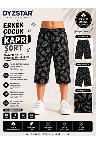 DYZSTAR Erkek Çocuk Pamuk Süprem Kapri Şort siyah 10-11-12-13 Yaş