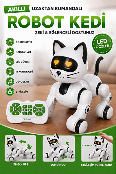 Wair Teknoloji Uzaktan Kumandalı Akıllı Robot Kedi Dokunmatik, LED Gözlü, Şar...
