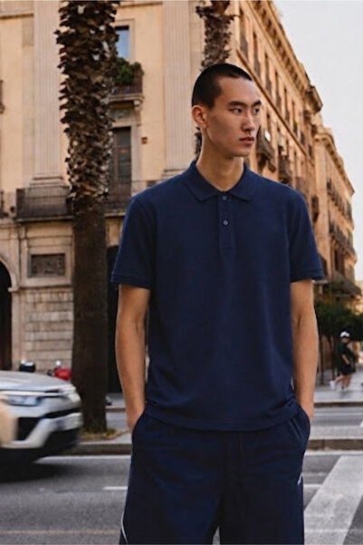 COMBİNE MİCHAİL Men's Basic Loose Navy Blue Polo Neck T-Shirt