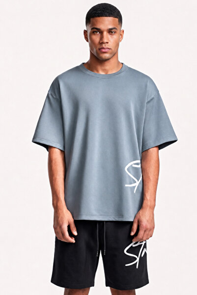 EFFRENATU Str Men's T-Shirt Shorts Set - Text Printed Oversize Blue-Grey Black