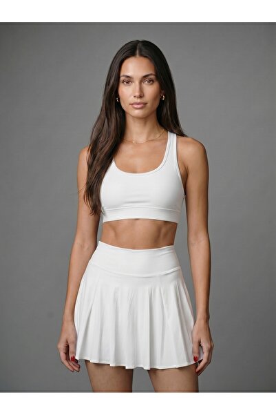 Noe Collection Kadın İç Taytlı Yüksek Bel Pileli Spor Tenis Eteği Beyaz