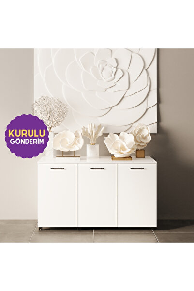 HOMECONOM Liada-M Tekerlekli Ada Konsol 120 cm Parlak Beyaz Mdf Lam
