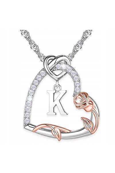 Larezo 925 Silver Necklace, Heart Pendant With Letter K, Rose And Cubic Zirco...