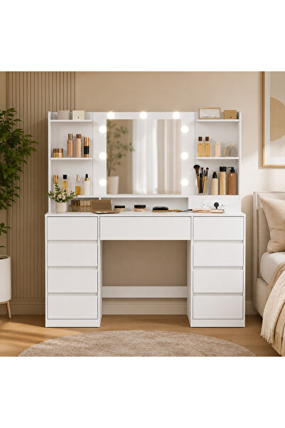 Talis Selena Makeup Table, with LED Mirror, 9 Drawers, Integrated Socket and ...