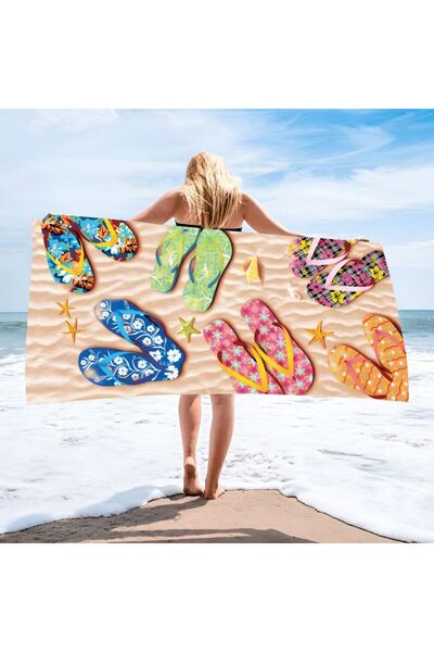 KMT Beach Towel with Colorful Beach Slipper Print on a Sand Background, Dimen...