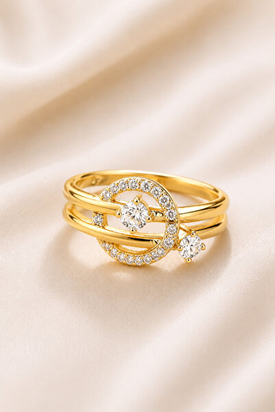 OEM 14K Gold Plated Women's Ring, Modern Circular Design with Shiny Zircons, ...