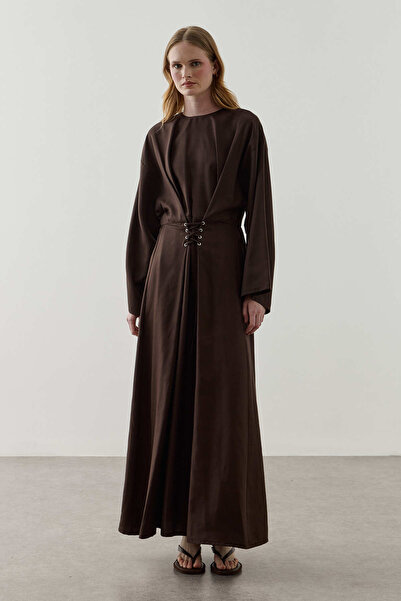 Fahhar Tencel Dress with Eyelet Detail on the Front, Brown