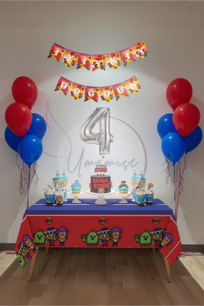 Umamiçe Brawl Stars Themed 4Th Birthday Party Set – Tablecloth + Banner + 4 N...