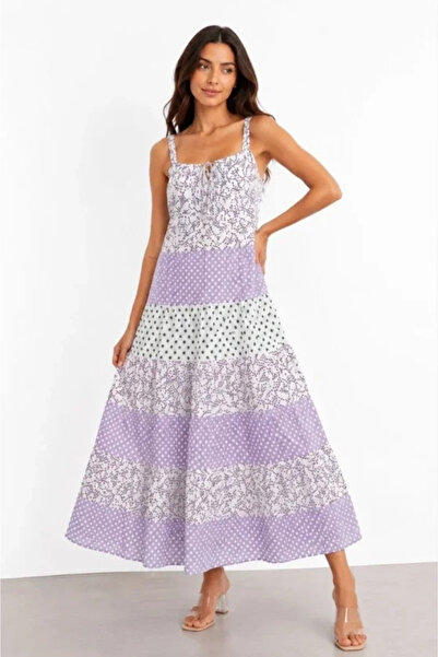 Butik Strappy Floral Patterned Linen Fabric Layered Casual Maxi Dress - Lilac