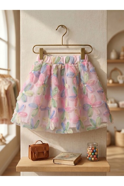 mycuess Pastel 3D Flower Appliqued Pink Tulle Girls' Skirt