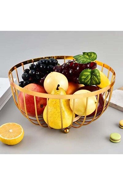 B & S BS B&S Modern Gold Metal Wire Fruit Basket with Wooden Lid