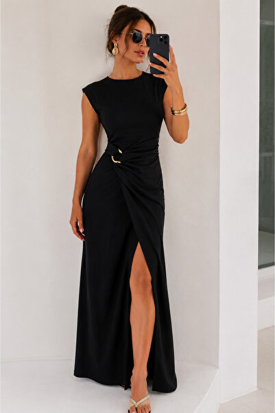 Mava Lady Kadın Toka Detaylı Kuşaklı Toparlayıcı Kalıp Siyah Elbise