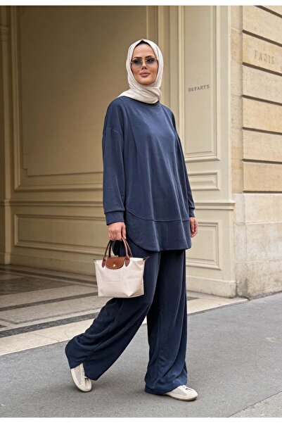Aselim Hijap Moda طقم بنطلون كبير الحجم من بيكيه مودال - أزرق داكن
