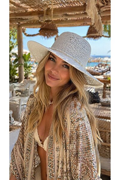 FELLMENS White Wide Round Straw Women's Hat with Accessory Detail