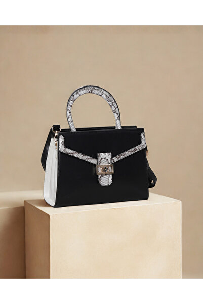 Finelook Chic Black & Snakeskin Print Structured Satchel – Two-Tone Top-Handl...