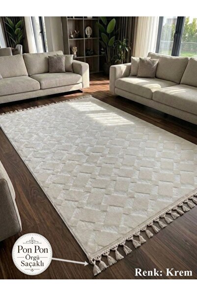 NaRStore Home Krem Kaymaz Taban Pon Pon Saçaklı Yıkanabilir Salon Halısı Mutf...