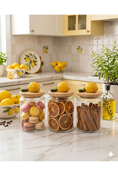 Kare Home Bambu Kapaklı Vakumlu 3lü Cam Kavanoz Seti (800 ml) LİMON DETAYLI