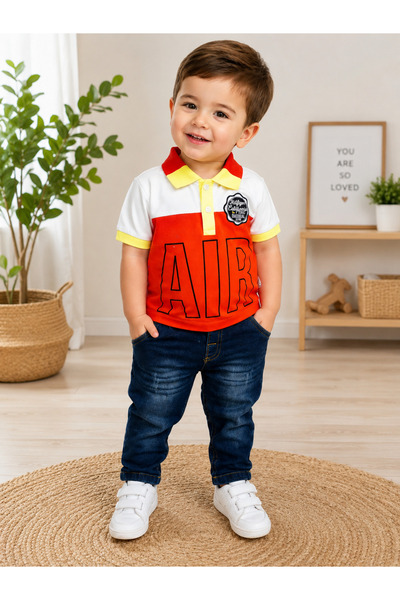 Chicsy Baby Baby Boy Polo Collar Printed T-Shirt Jeans Pants 2-Piece Set
