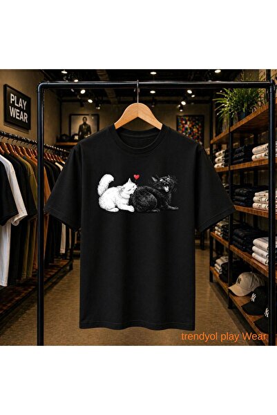 playwear Biting Cats Printed 100% Cotton Oversize Loose Regular Fit Crew Neck...
