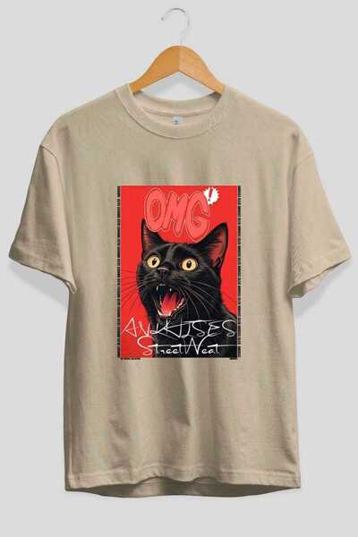 Ankhises For the Love of Cats 116 Front Cat Printed Beige Oversize T-Shirt 10...