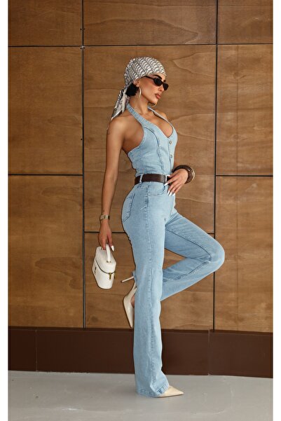 ParlaMira Salopetă de damă din denim, albastru deschis, cu guler halter și de...
