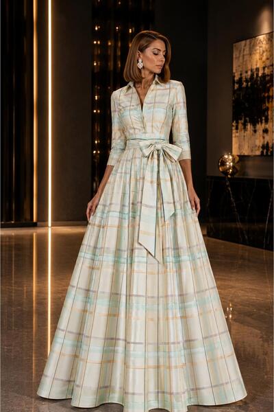 ALYEL NAKER Mobile Belted Maxi Length Checkered Taffeta Stylish Shirt Dress